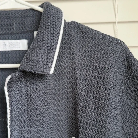 Men Original Penguin Navy Button-Down Waffle Short Sleeve Shirt with White Trim - Picture 3 of 7